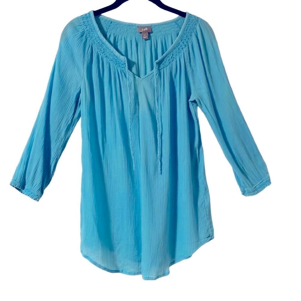 J. Jill aqua crinkle cotton peasant blouse cottage core boho XS